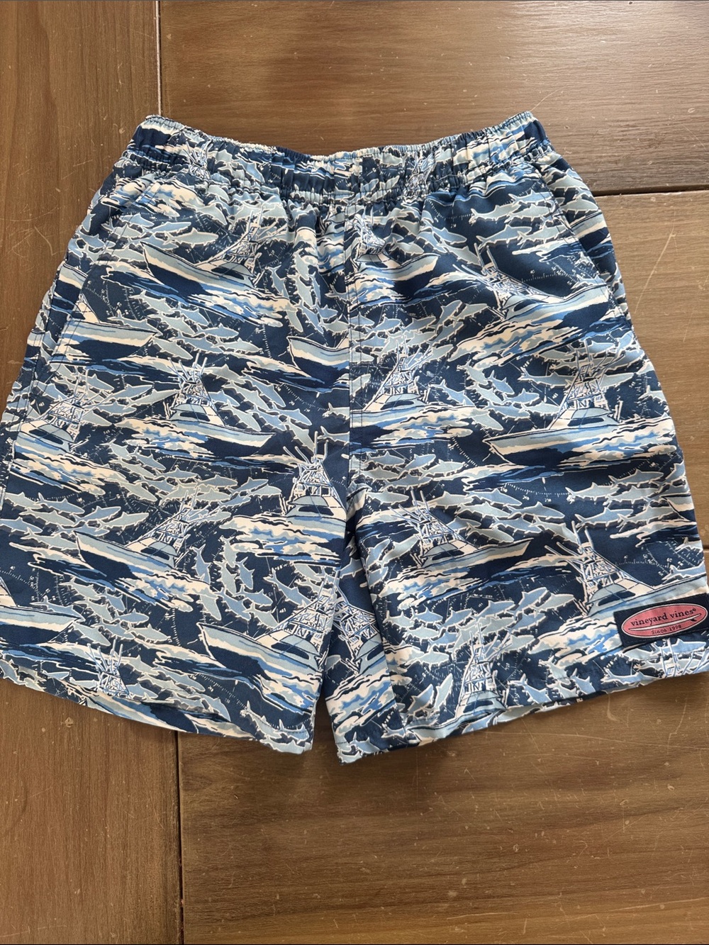 Vineyard Vines Navy and White Sailboat Wave Print Swim Trunks